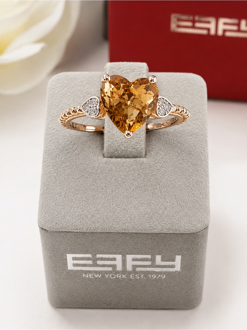 Effy 925 Gold Plated Silver Diamond Citrine Heart Ring SZ 7/New/Gift